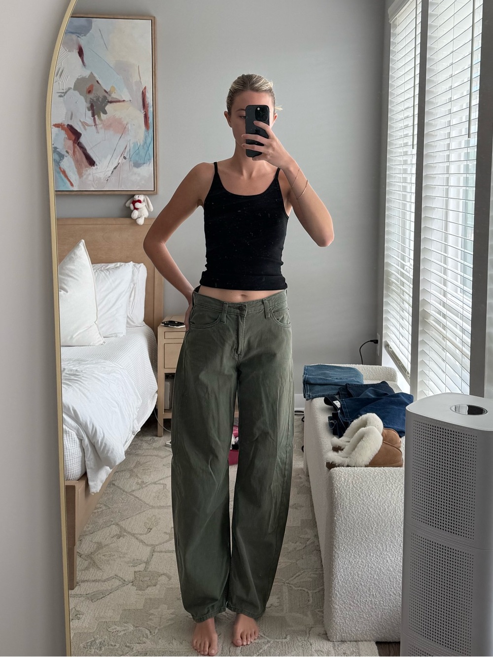 Army green, long inseam, barrel jeans
